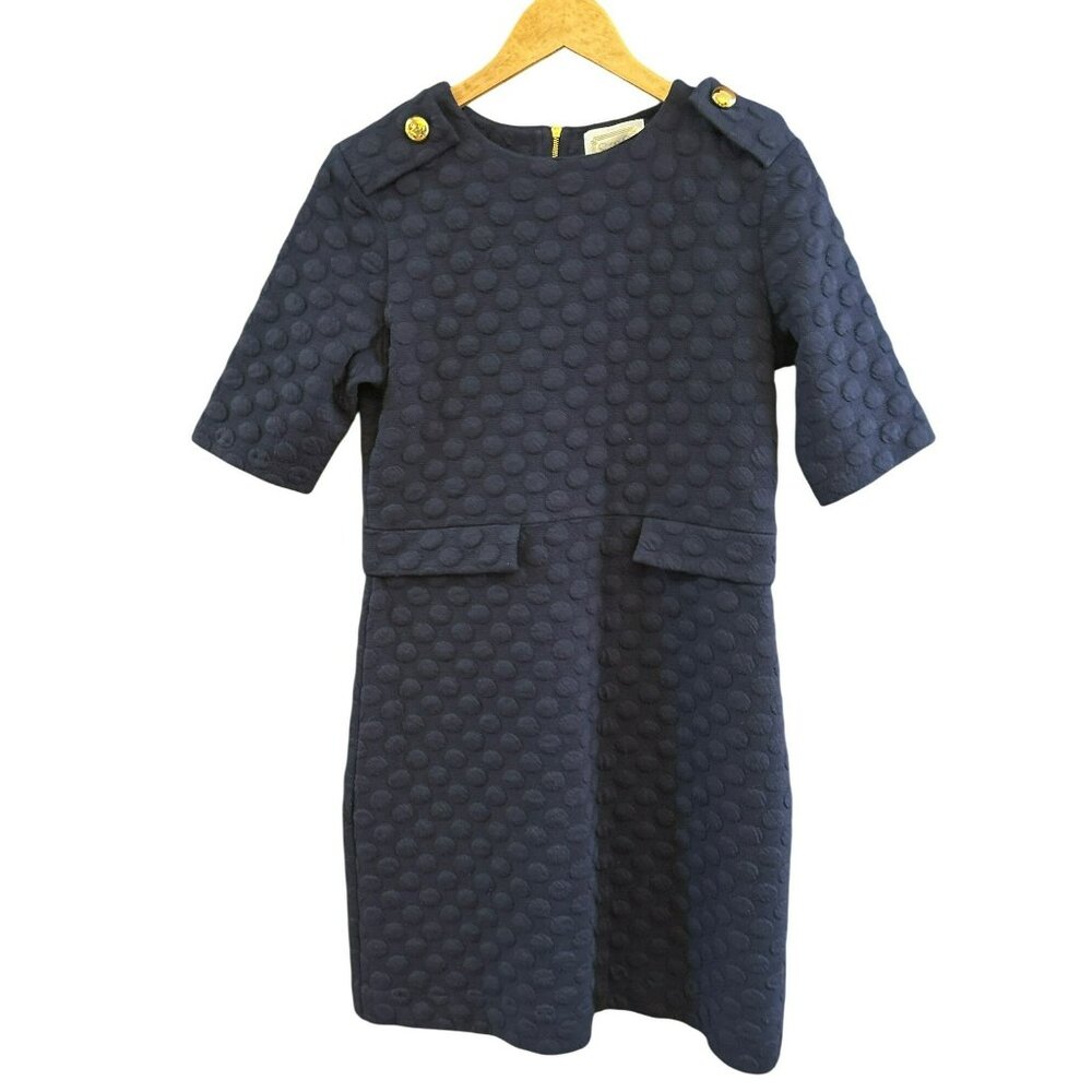 Sail To Sable Textured Navy Blue Short Sleeve Dress With Gold Accents Size 6